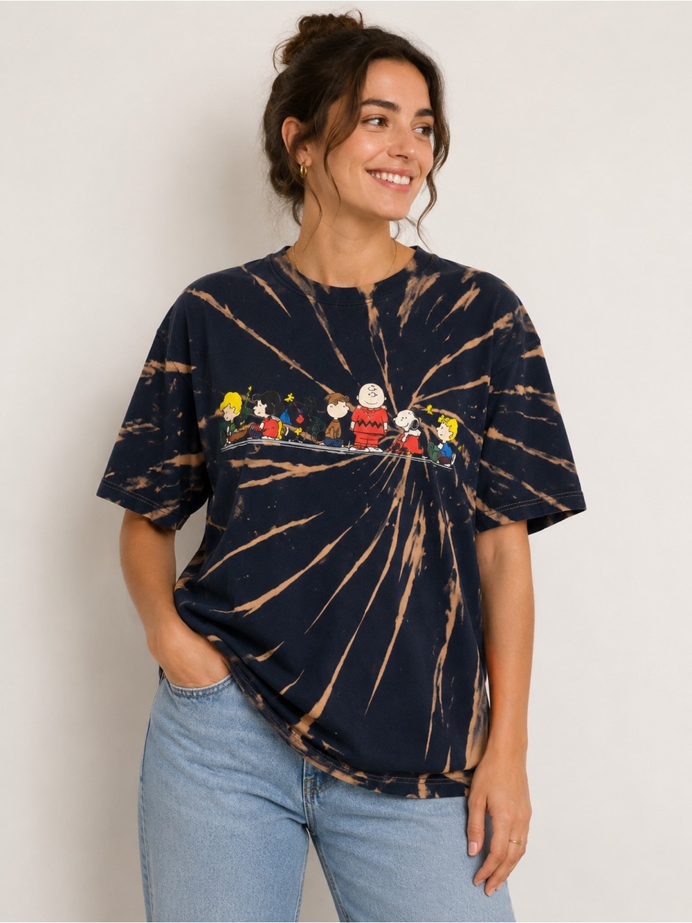 Peanuts L Charlie Brown Tee Christmas Scene On Bleach Tie Dye Gildan Hvy Cotton
